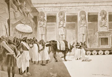 Kambyses dödar den heliga tjuren, illustration ur "Hutchinsons nationernas historia", cirka 1910