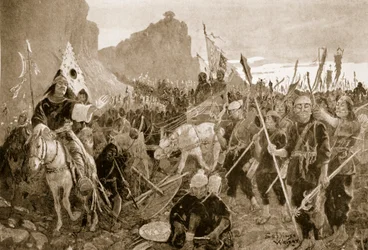 Soldater med "bitar" i munnen, illustration från "Hutchinsons History of the Nations", ca 1920