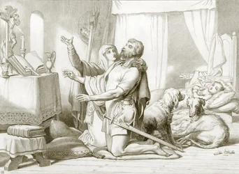 Hur Torfrida lär Hereward att be (gravyr)