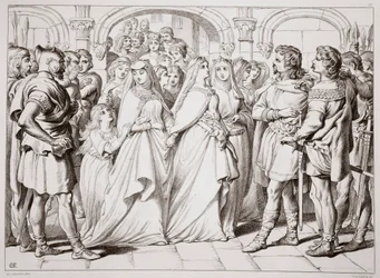 Alftruda känner igen Hereward, illustration från Hereward the Great av Charles Kingsley, utgiven av Charles Kingsley. 1870, graverad av C.G. Lewis (stålplåtsgravyr)