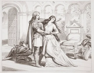 Herewards första intervju med Torfrida, illustration från Hereward the Great av Charles Kingsley, pub. 1870, graverad av C.G. Lewis (gravyr av stålplåt)