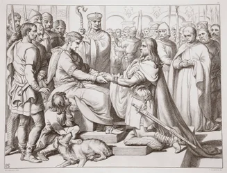How Hereward kom in till kungen, illustration från Hereward the Great av Charles Kingsley, pub. 1870, graverad av C.G. Lewis (gravyr av stålplåt)