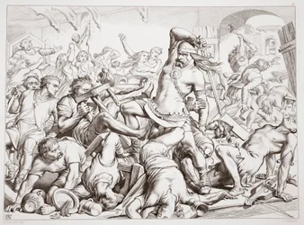 Hur Hereward rensade Bourne från fransmän, illustration från Hereward den store av Charles Kingsley, pub. 1870, graverad av C.G. Lewis (gravyr av stålplåt)