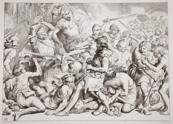 Hur Hereward räddar Alftruda, illustration från Hereward the Great av Charles Kingsley, pub. 1870, graverad av C.G. Lewis (stålplåtsgravyr)