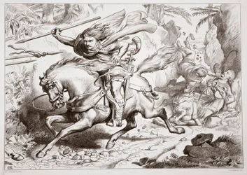 Hur Hereward fastnade i en fälla, illustration från Hereward the Great av Charles Kingsley, pub. 1870, graverad av C.G. Lewis (stålplåtsgravyr)