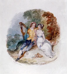 "Två älskare på en bank med en harpa", 1800-talet.