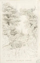 Lichfield Cathedral - South East View (avlägsen): pennteckning, nd [19th cent] (ritning)