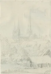Lichfield Cathedral - South West View: blyertsteckning, nd [?1788-1855] (teckning)