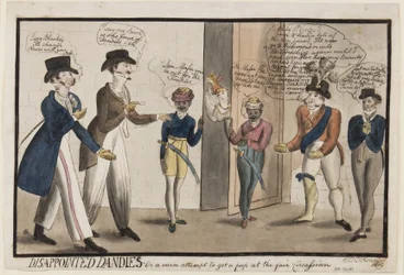 Disappointed Dandies: Eller ett fåfängt försök att få en titt på mässan Circassian, 1819 (penna, pensel, bläck & wc på papper)
