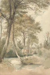 Ström med träd och boskap nära Bromley Hill, Kent