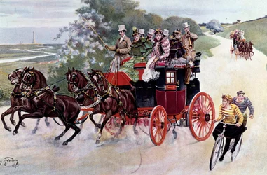 Ett drag med passagerare och cyklister. Litografi efter målning av Henry Finney (1800-talet), ca 1890. Privat samling