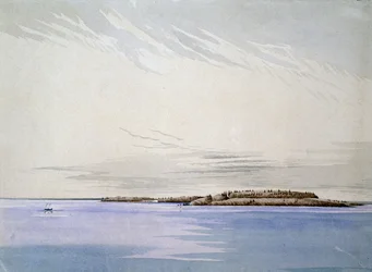 Old Mackinaw, med det franska fortet, 1842 (wc på papper)