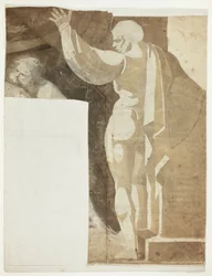 Manlig figur med vänster arm upplyft sett från baksidan och fragment av gammal man