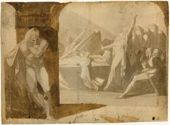 Hertigen av Gloucester ligger i väntan på Lady Anne vid begravningsprocessen av hennes svärfar, kung Henrik VI (recto); Stående man naken, framåtlutad (verso)