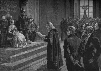 Pärer och allmänna representanter överlämnar en patriotisk skrivelse till drottningen på tröskeln till Krimkriget, 1891
