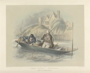 Barbel Fishing, Twickenham, från en uppsättning av sex bilder av mete (handfärgad litho)
