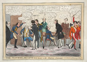 Protokollsamhället i uppror, eller konferensdeltagarna förvirrade. En sketch i Downing Street, pub. 1831 (handfärgad gravyr)