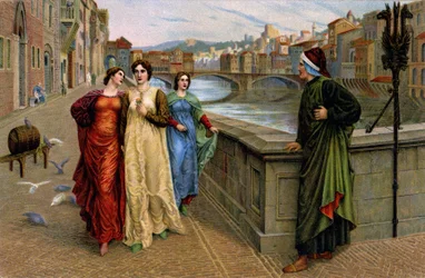 Dante Alighieri möter sin musa Beatrice Portinari i Florens, ca 1890 (tryck)