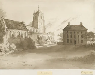 Pattingham Church and Vicarage House: sepiatvättteckning, 1844