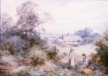 Två unga flickor som leker vid en äng
