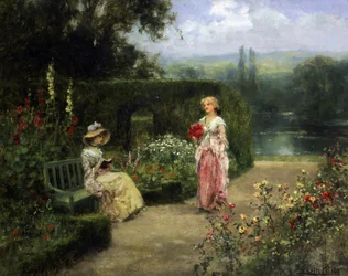 Unga kvinnor i en trädgård på den engelska landsbygden. Målning av Yeend King (1855-1924) Privat samling.