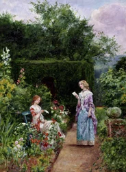 Nyheter från utlandet. En ung kvinna sitter på en bänk i en trädgård och lyssnar på en annan kvinna som läser ett brev. Målning av Henry John Yeend King (1855-1924). Privat samling.