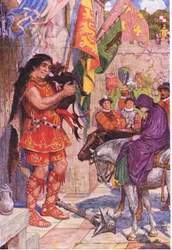 Flibbertigibbet klädd som en djävul lugnar jätten när Wayland tar med Amy till Kenilworth Castle, illustration från Kenilworth, ca 1910