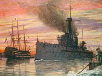 I Portsmouths hamn 1909, "Dreadnought" och "Victory" (färglitografi)
