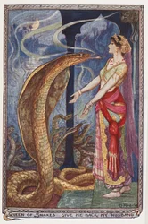 Drottning av ormar, ge mig tillbaka min man, illustration från The Olive Fairy Book, av Andrew Laing, 1907