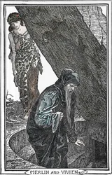 Representation av Merlin the Enchanter och Fee Viviane (Merlin anc Vivien) Illustration av Henry Justice (HJ) Ford (1860-1941) från "The book of romance"" 1902 Collection privee