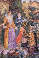 Wayland spelar rollen som en köpman i trädgården, illustration från Kenilworth, ca 1910