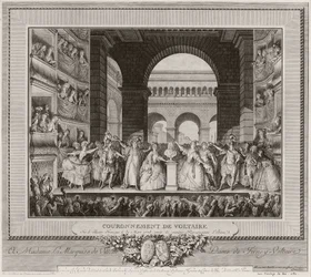 Kröning av Voltaire vid Théatre Francais, 30 mars 1778, efter den sjätte föreställningen av Irene, 1782 (etsning och gravyr)