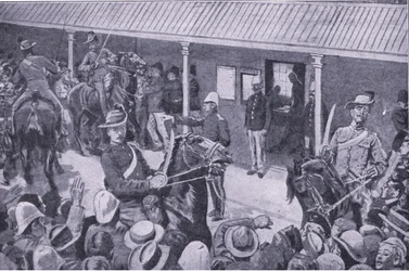 Kolonialförstärkningar för Sydafrika: En ström av sökande till inskrivning i Sydney, från After Pretoria: The Guerilla War publicerad av Harmsworth Brothers Limited, 1901