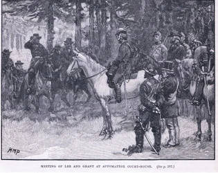 Möte av Lee och Grant på Appomattox Court House 1865 AD