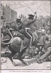 Peterloomassakern med husarerna som anklagar folket, illustration från Cassells "Illustrated History of England", publicerad ca 1910