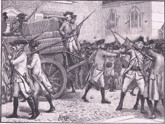 Trupper eskorterar det stämplade papperet till City Hall, New York AD 1765
