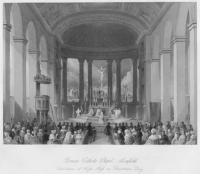 Romersk-katolska kapellet, Moorfields. Högmässa firande på juldagen, c1841