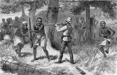 Infödda som gör uppror längs stranden av floden Gombe, Tanzania, gravering från How I found Livingstone: resor, äventyr och upptäckter i Centralafrika, av Henry Morton Stanley (1841-1904), Sampson Low, Marston, Low and Searle-utgåvan, London