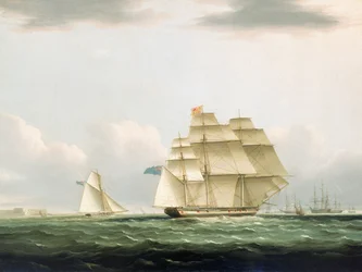 Yachten "Royal Sovereign" med hertiginnan av Clarence ombord, lämnar Portsmouth för att se den besökande ryska eskadern förankrad i Spithead, 8 augusti 1827, ca 1830 (olja på duk, ram)