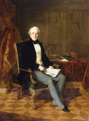 Porträtt av Henry Pelham-Clinton, K.G., 4:e hertigen av Newcastle, håller ett dokument, i hans studie, 1850