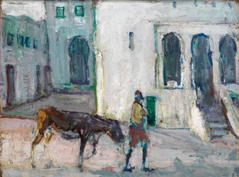 Gatubild, Tangier Man Leading Calf, ca. 1910.