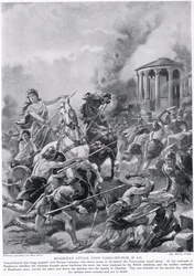 Boadiceas attack mot Camulodunum, illustration från 