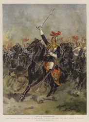 Royal Horse Guards, en skvadronledare som stoppar sina män efter en laddning (chromolitho)