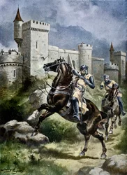 Belägringen av Châlus, illustration ur "Hutchinsons berättelse om den brittiska nationen", cirka 1920 (senare kolorering)