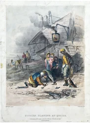 Pitmen spelar på quoits, ca 1837 (handkolorerad litografi på papper)