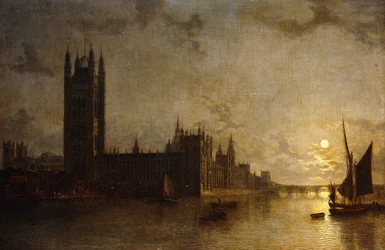 Westminster Abbey, The Houses of Parliament med konstruktionen av Westminster Bridge, 1859