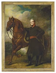Porträtt av Alexander Douglas-Hamilton, 10:e hertig av Hamilton och 7:e hertig av Brandon, fullängds, i uniform, med sin arabiska laddare, i ett landskap