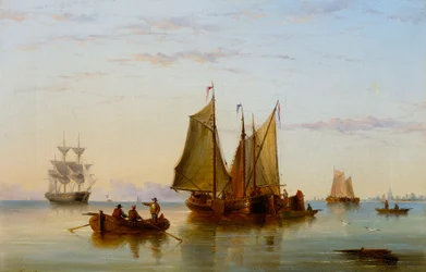 Fiskebåtar och andra fartyg på Schelde nära Rotterdam, 1852
