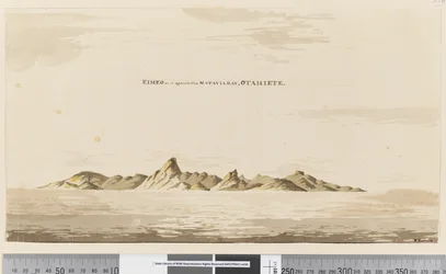 Sida 25aa Eimeo som den ser ut från Matavai Bay, Otahiete, 1768-75 (penna & bläck och tvätt)