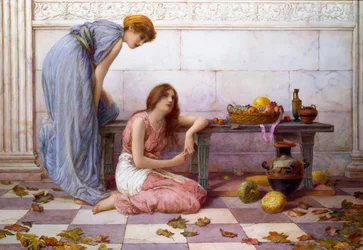 "Flowers and Fruit" Draperade kvinnor med melankoliska ansiktsuttryck på innergården till en antik villa. Målning av Henry Ryland (1856-1924)